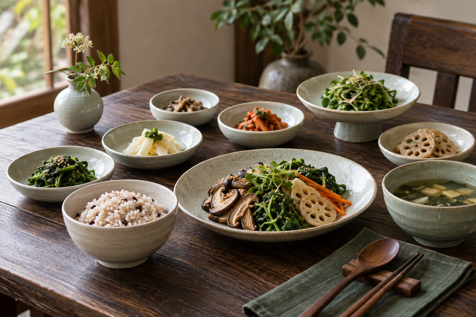 Illustrative image of Korean plant-forward dishes; not a photo of either restaurant's current menu
